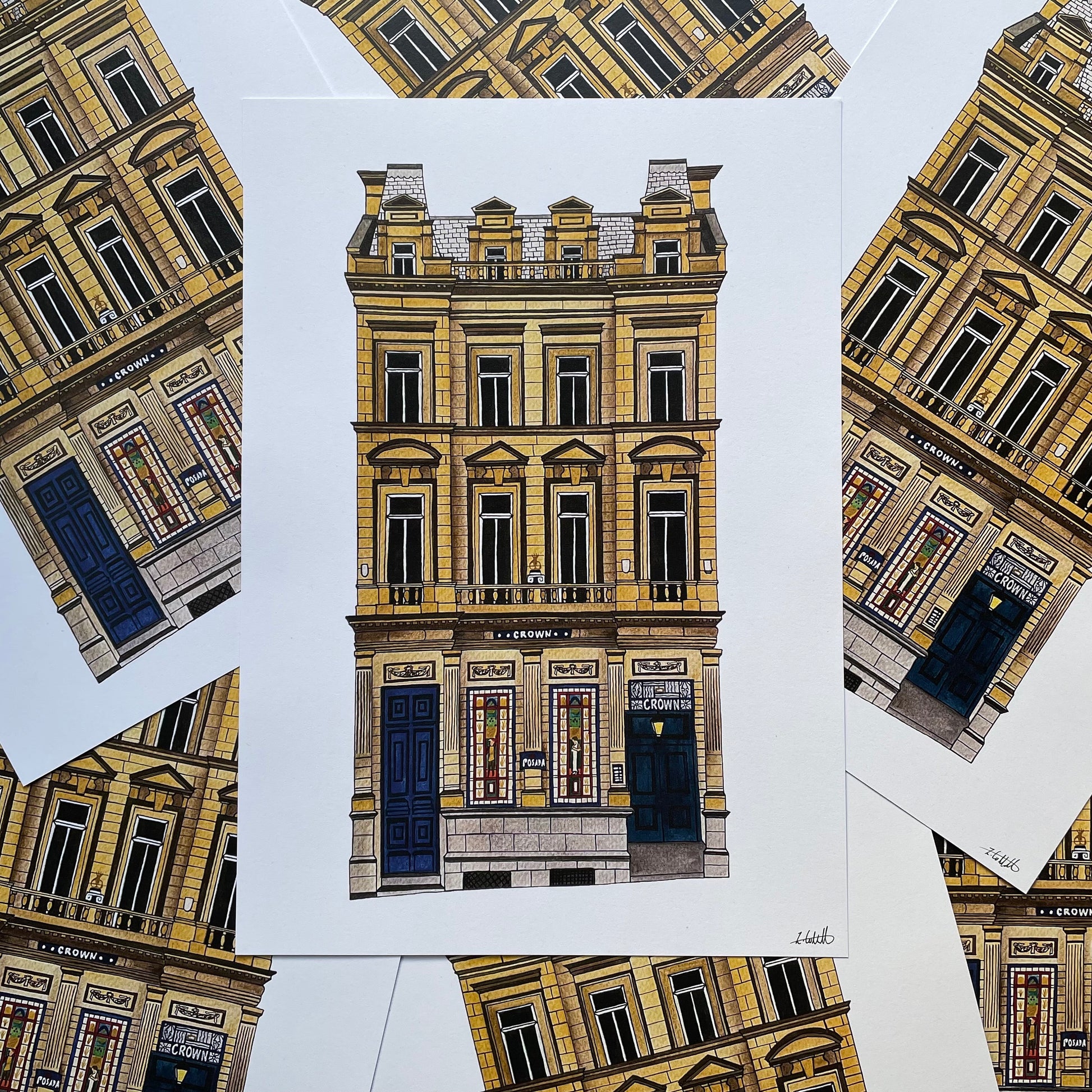 Illustration of The Crown Posada with decorative elements on a white background