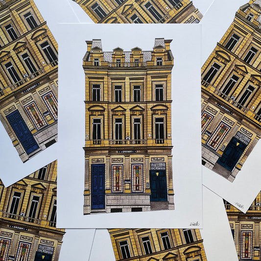 Illustration of The Crown Posada with decorative elements on a white background