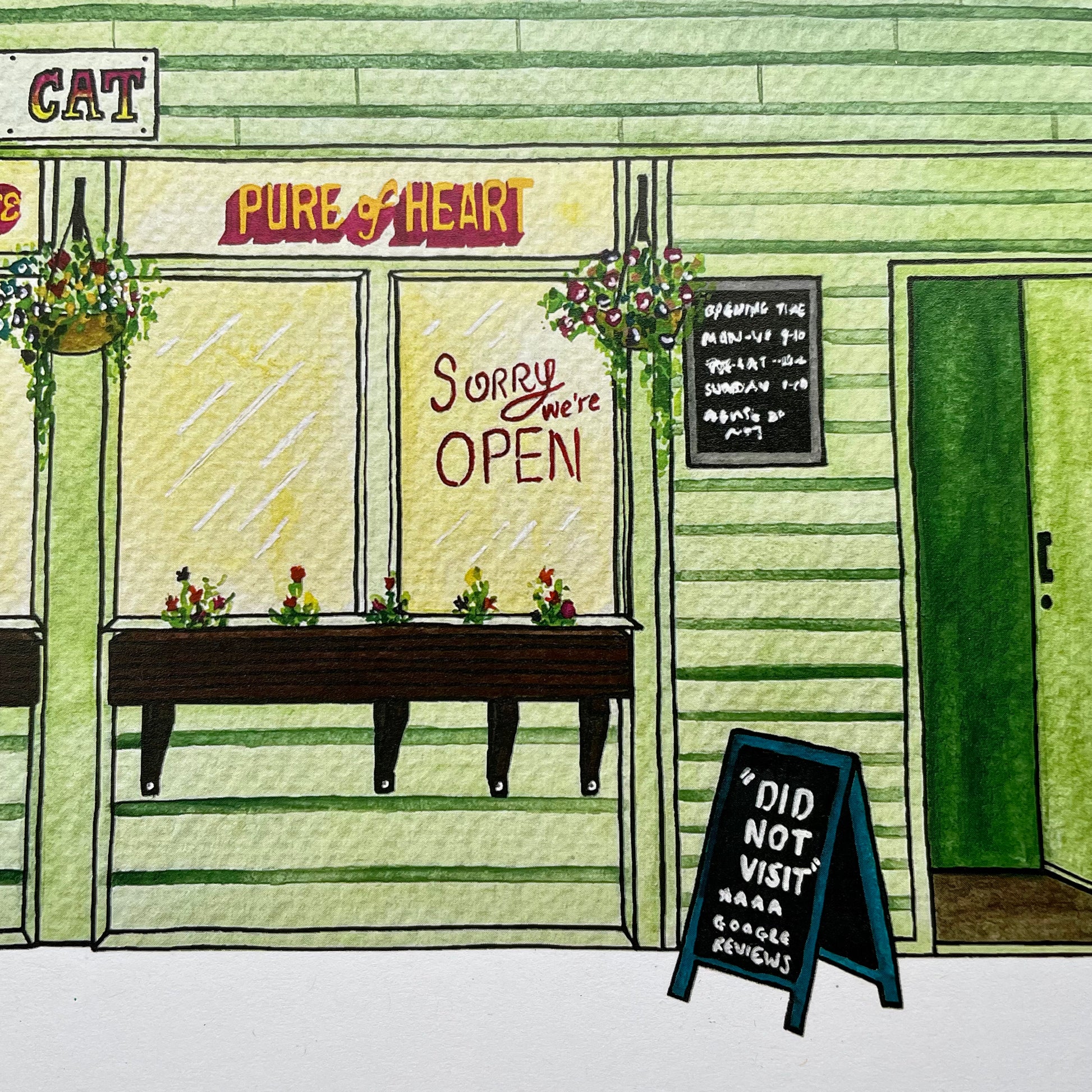 Watercolour illustration of The Mean Eyed Cat Newcastle upon tyne with 'Sorry, we're open" sign