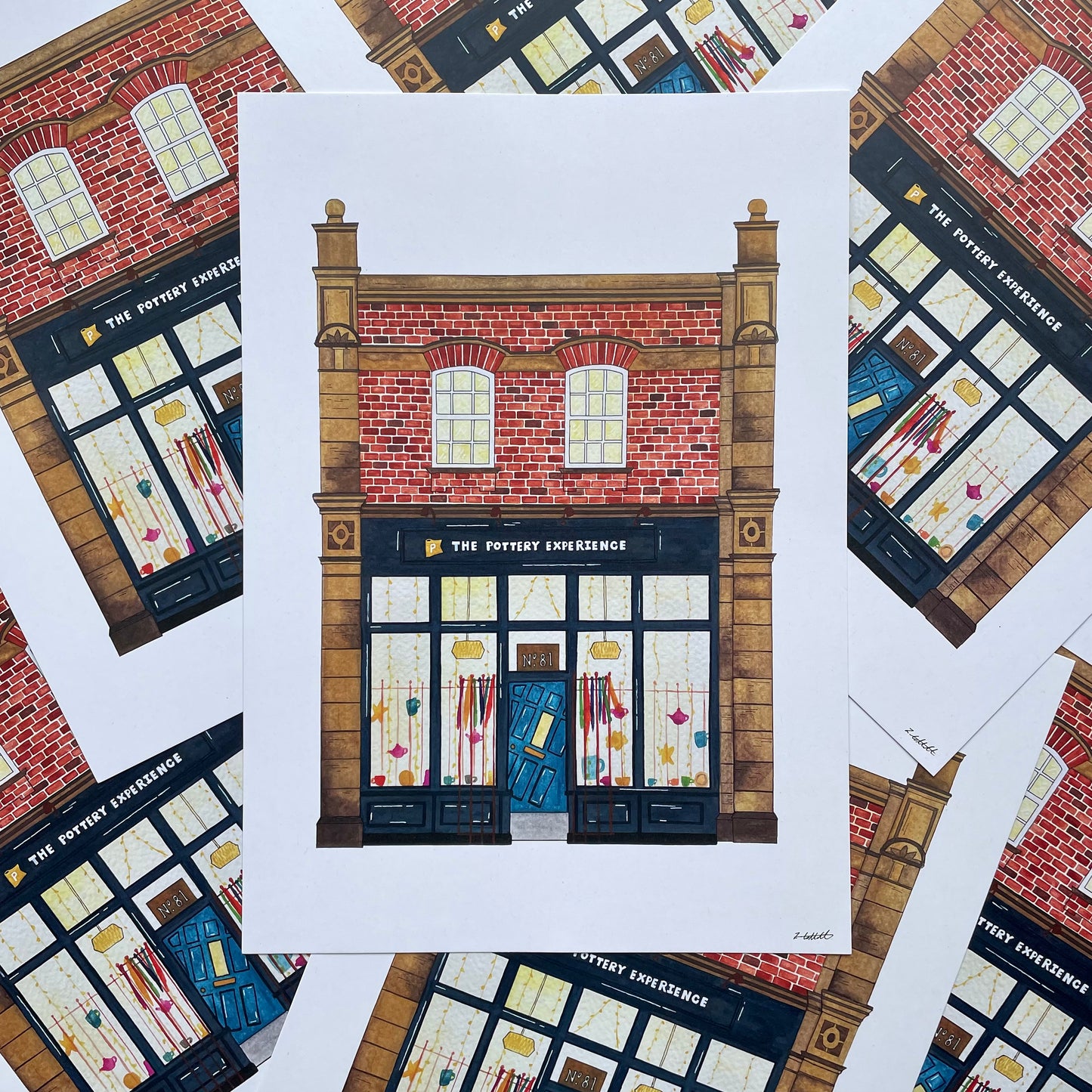 Illustration of The Pottery Experience Jesmond  building with a blue door and windows, surrounded by similar illustrations.