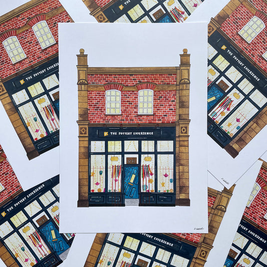 Illustration of The Pottery Experience Jesmond  building with a blue door and windows, surrounded by similar illustrations.