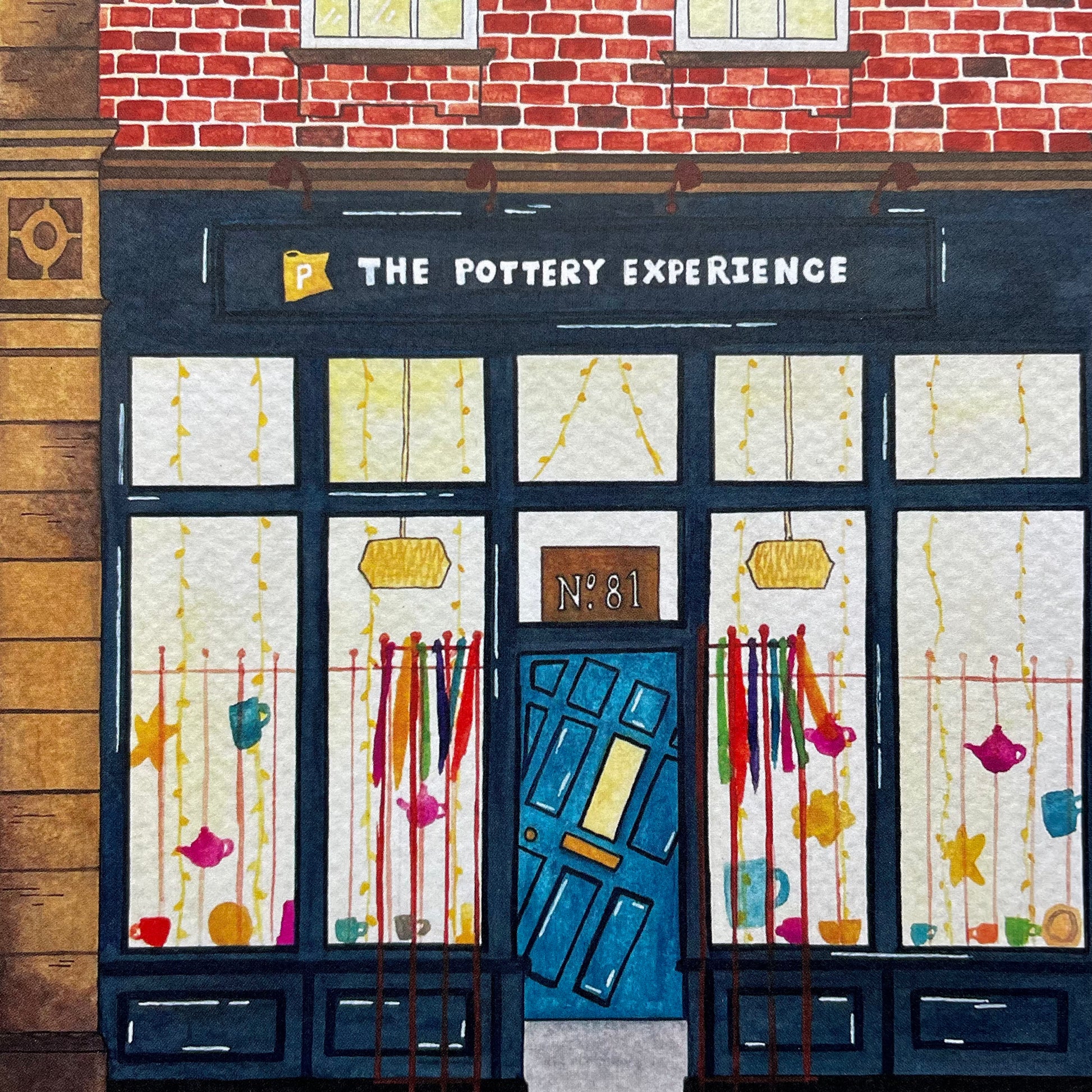 Illustration of a pottery studio with text 'The Pottery Experience' on a brick wall background.