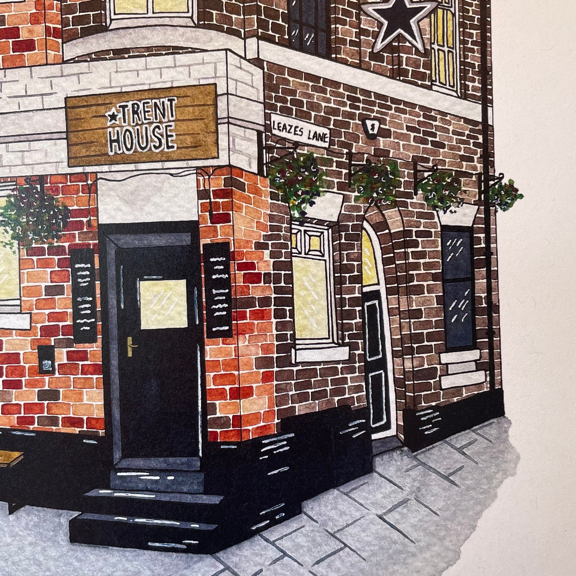 A stylized illustration of a brick building facade with a black door labeled 'Trent House,' windows, hanging plants, and a stone sidewalk, rendered in a hand-drawn or painted architectural style.