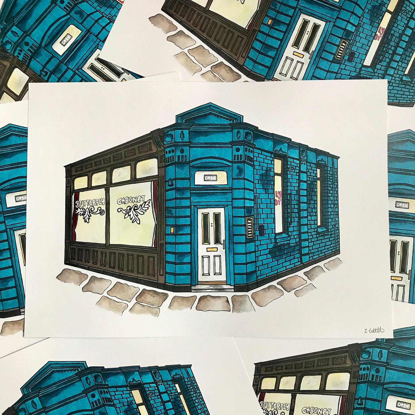 Illustration of a blue building with glass windows on a white background, surrounded by other similar illustrations.