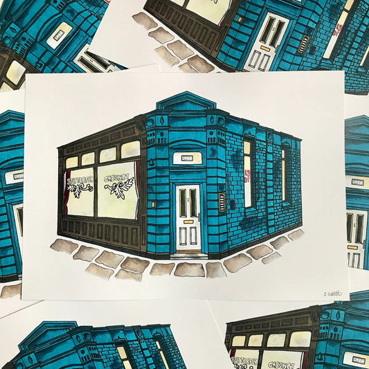 Illustration of a blue building with glass windows on a white background, surrounded by other similar illustrations.