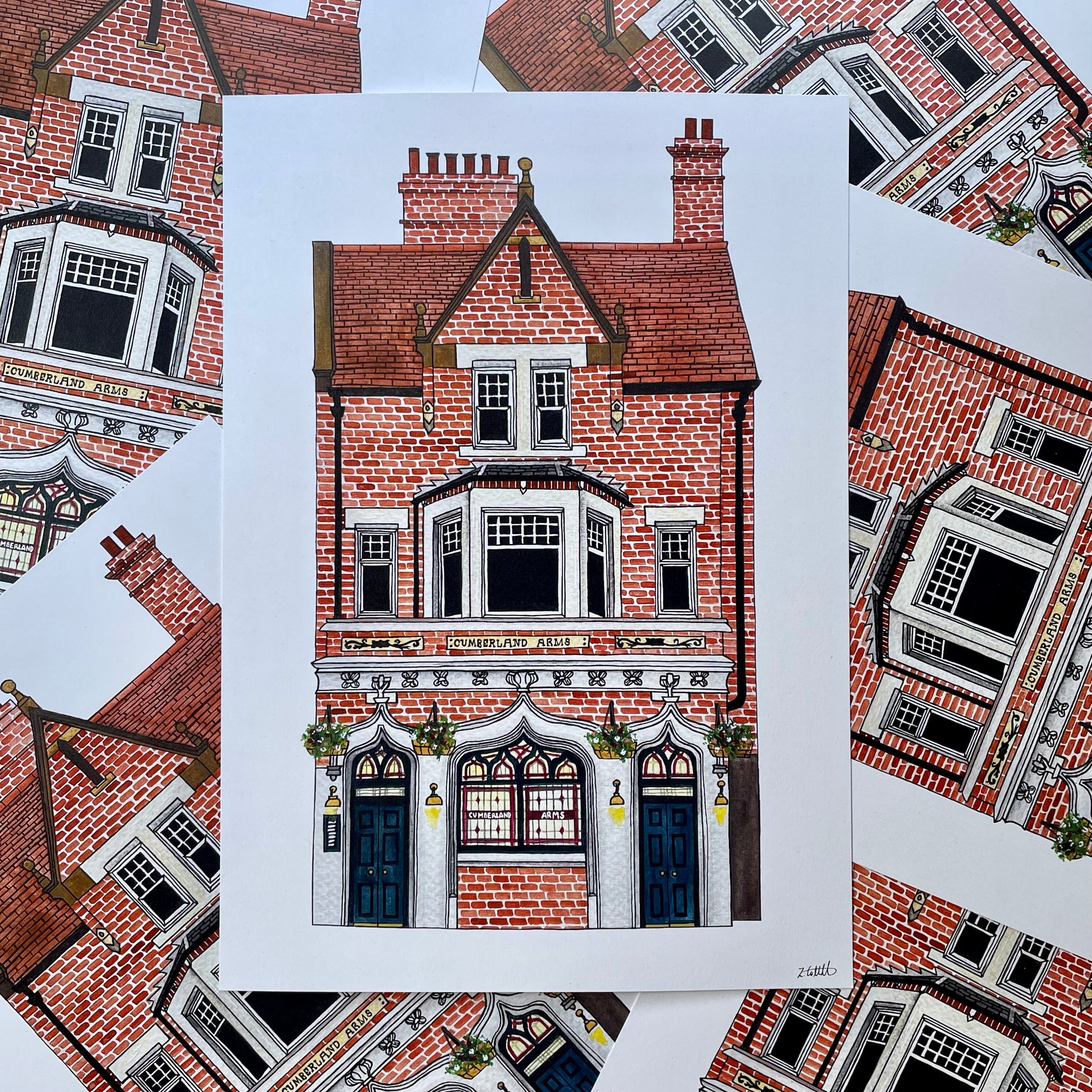 Illustration of a red brick pub with white trim on a light blue background, surrounded by additional house illustrations.