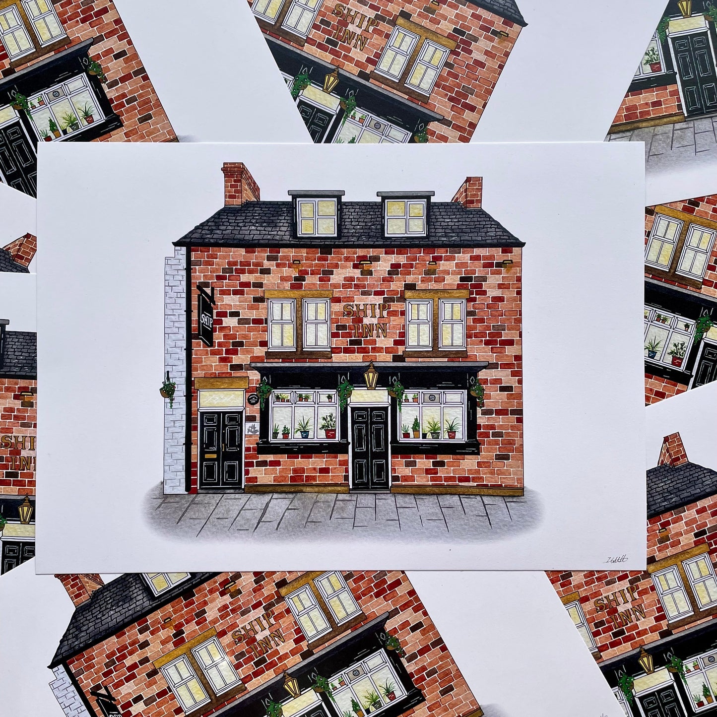 Illustration of a brick building with windows and doors on a white background
