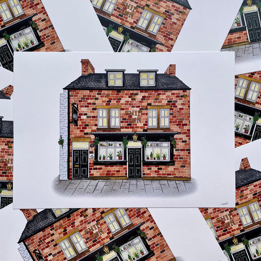 Illustration of a brick building with windows and doors on a white background
