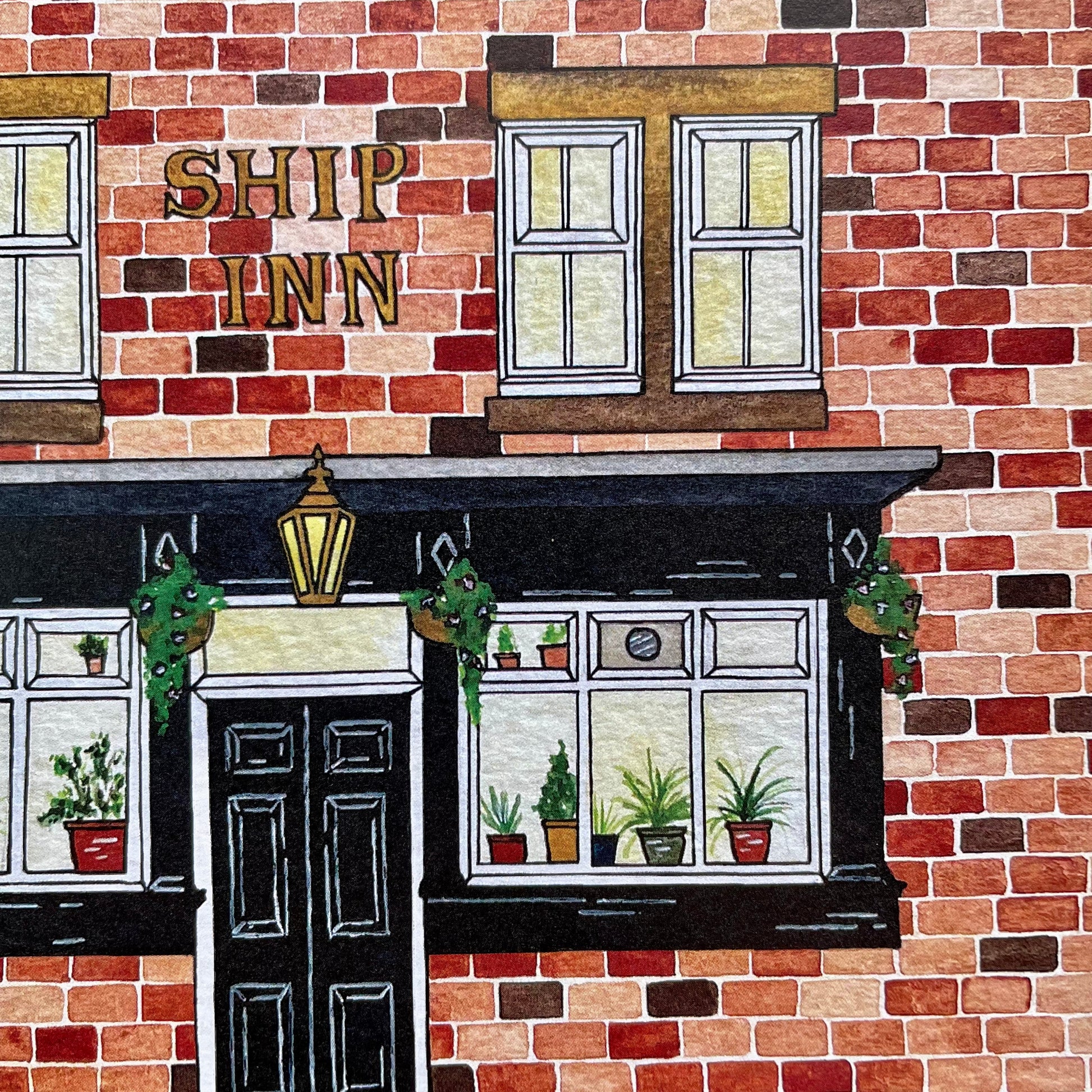 Illustration of a brick building facade with 'Ship Inn' sign and windows.