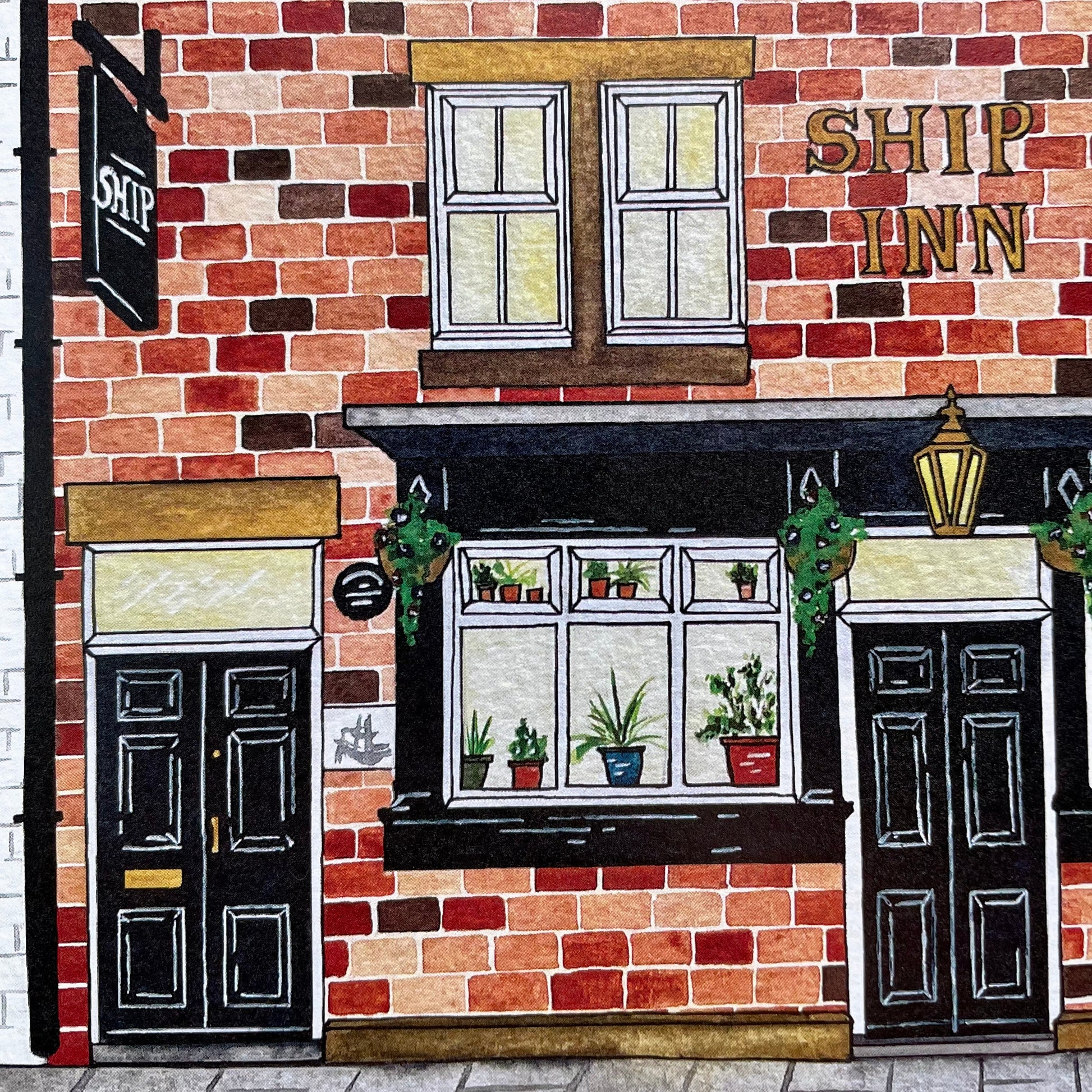 Illustration of a brick building with 'Ship Inn' sign and window display.