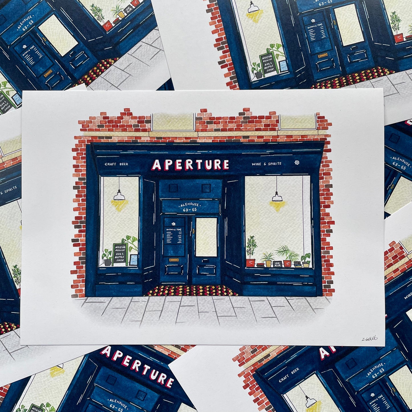 Illustration of a store front with 'Aperture' on a white background surrounded by similar illustrations.