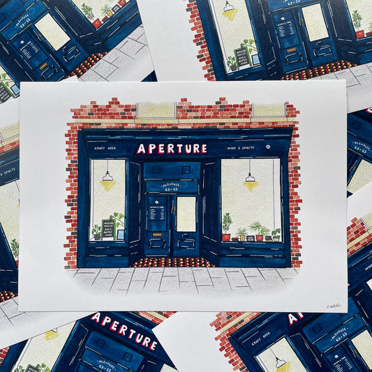 Illustration of a store front with 'Aperture' on a white background surrounded by similar illustrations.