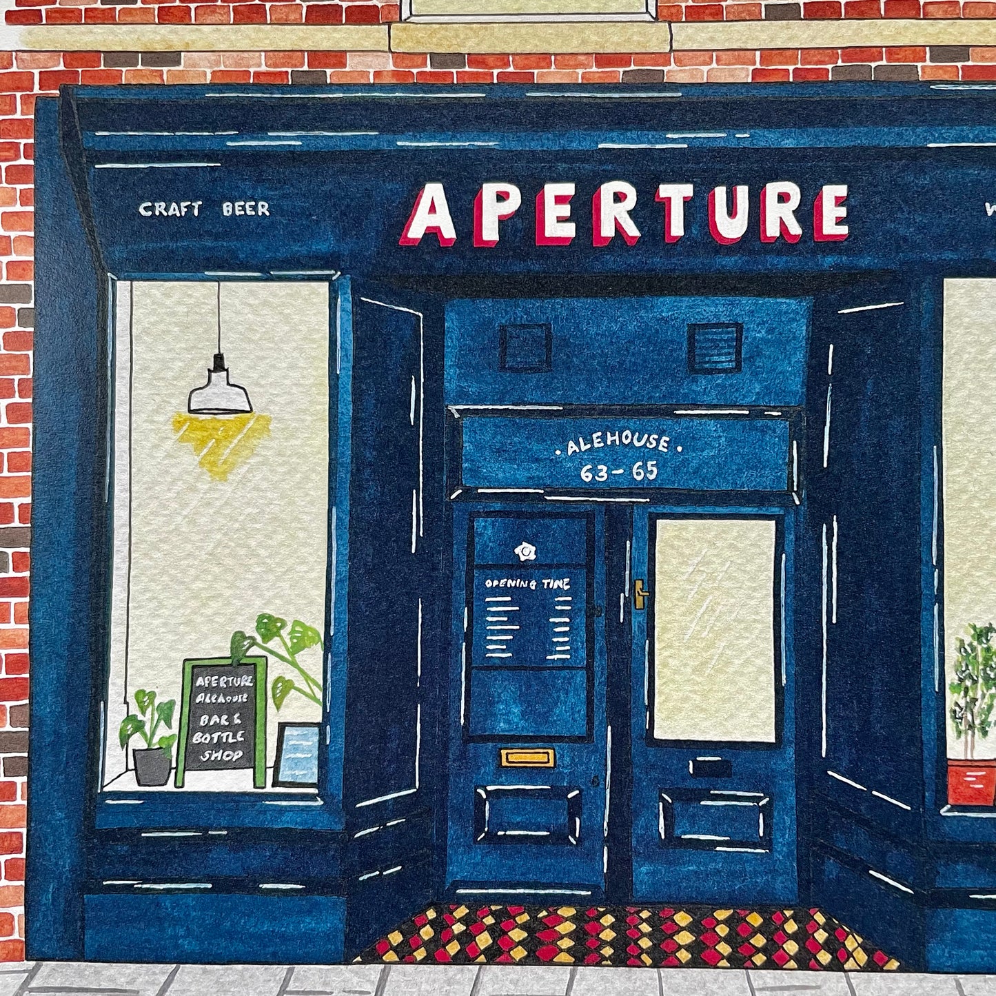 Illustration of a blue pub with 'Aperture' sign on a brick wall background
