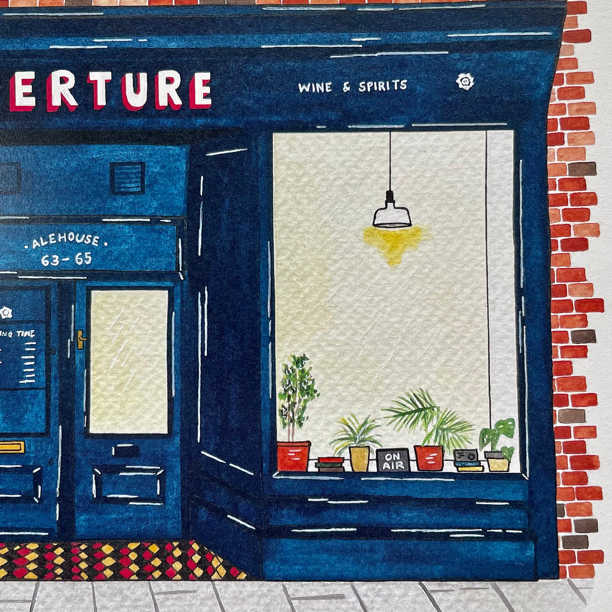 Illustration of a pub with a window display and brick wall background.