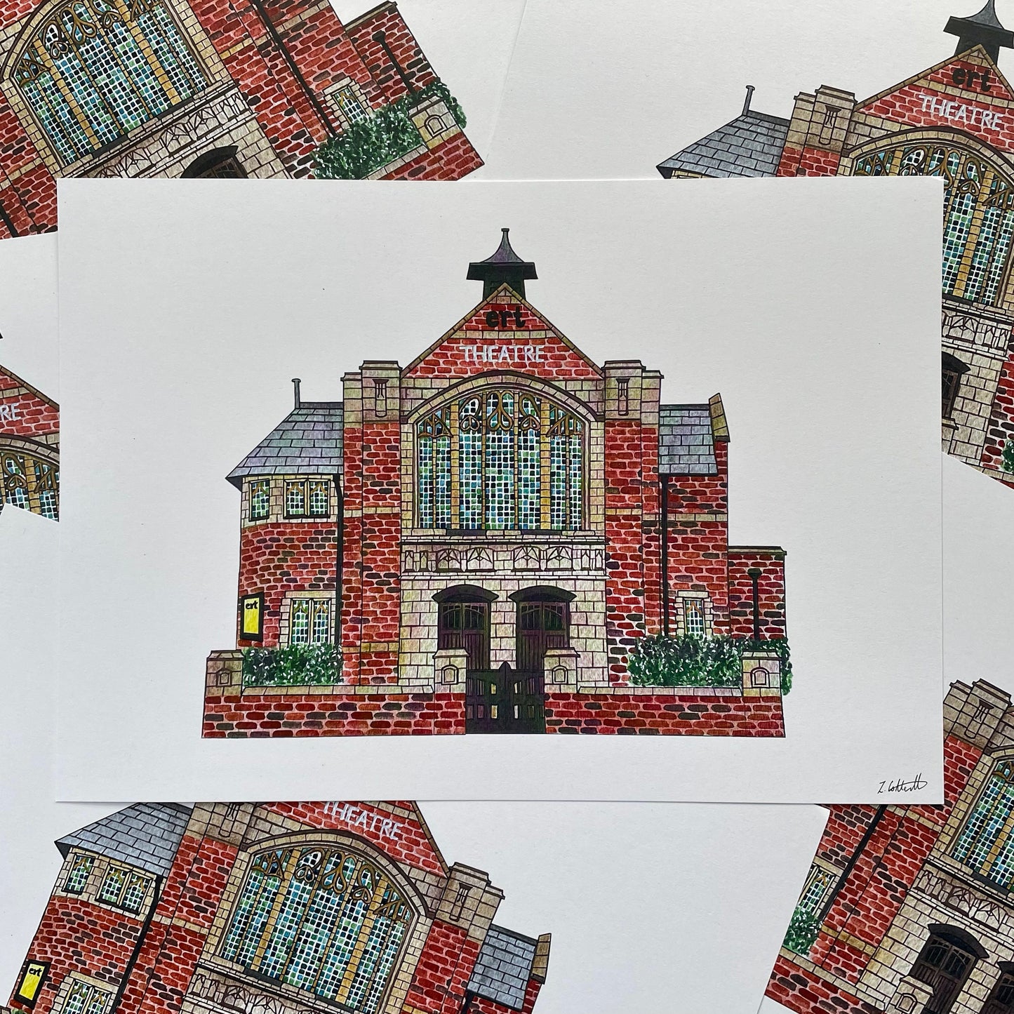 Illustration of a east riding theatre building with stained glass windows on a white background
