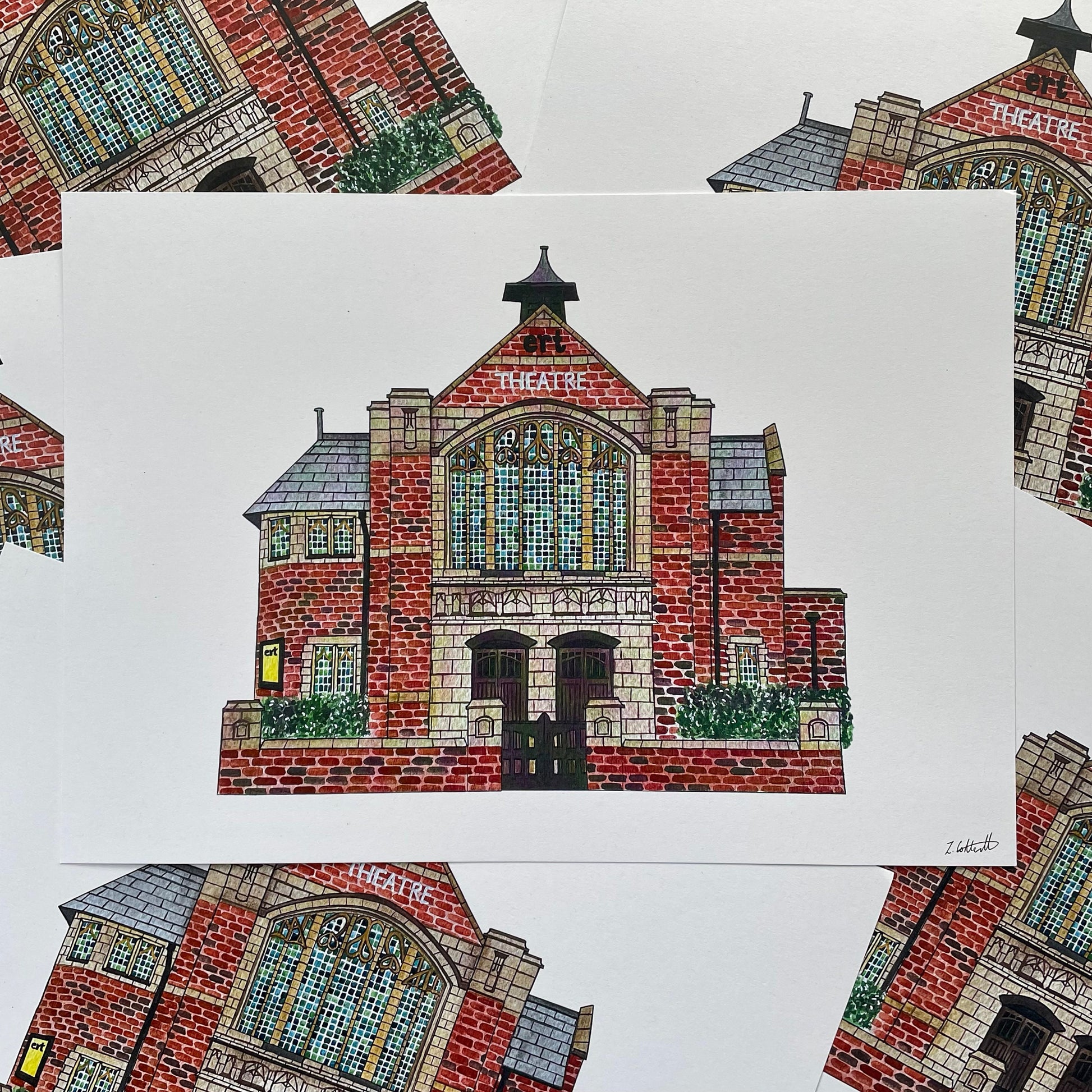 Illustration of a east riding theatre building with stained glass windows on a white background