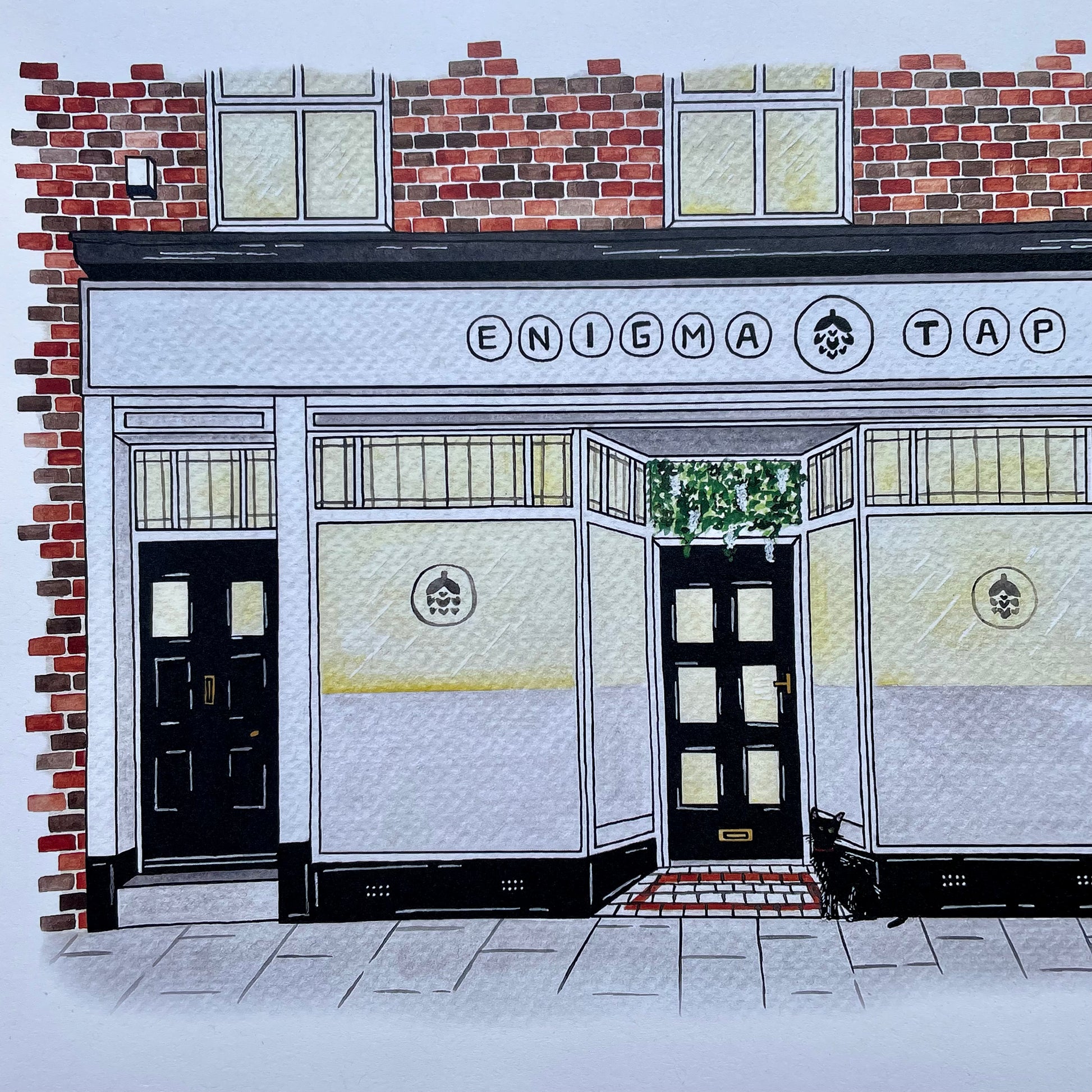 close up picture of enigma tap north shields bar illustration watercolour painting