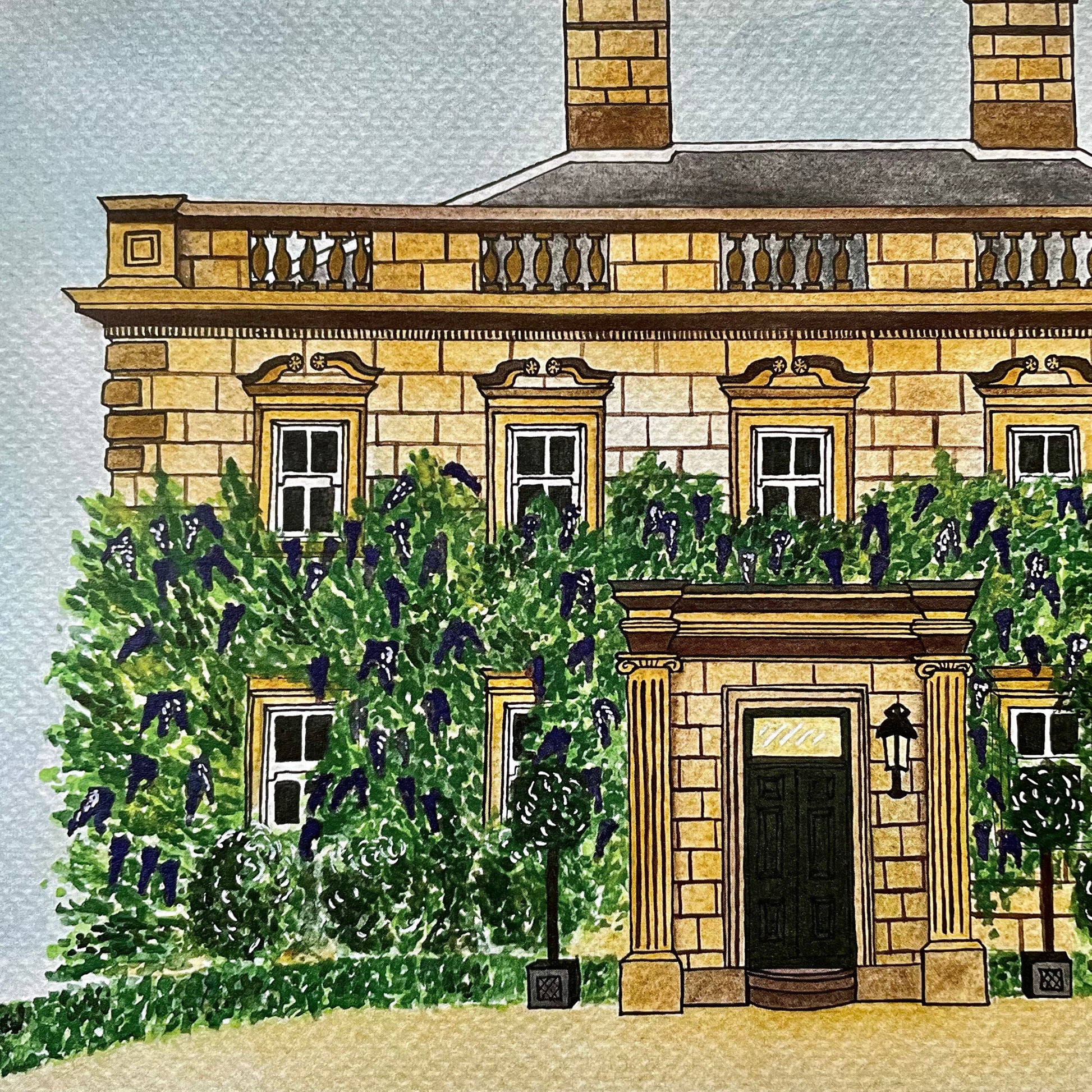 Illustration of a grand building with decorative elements and trees.