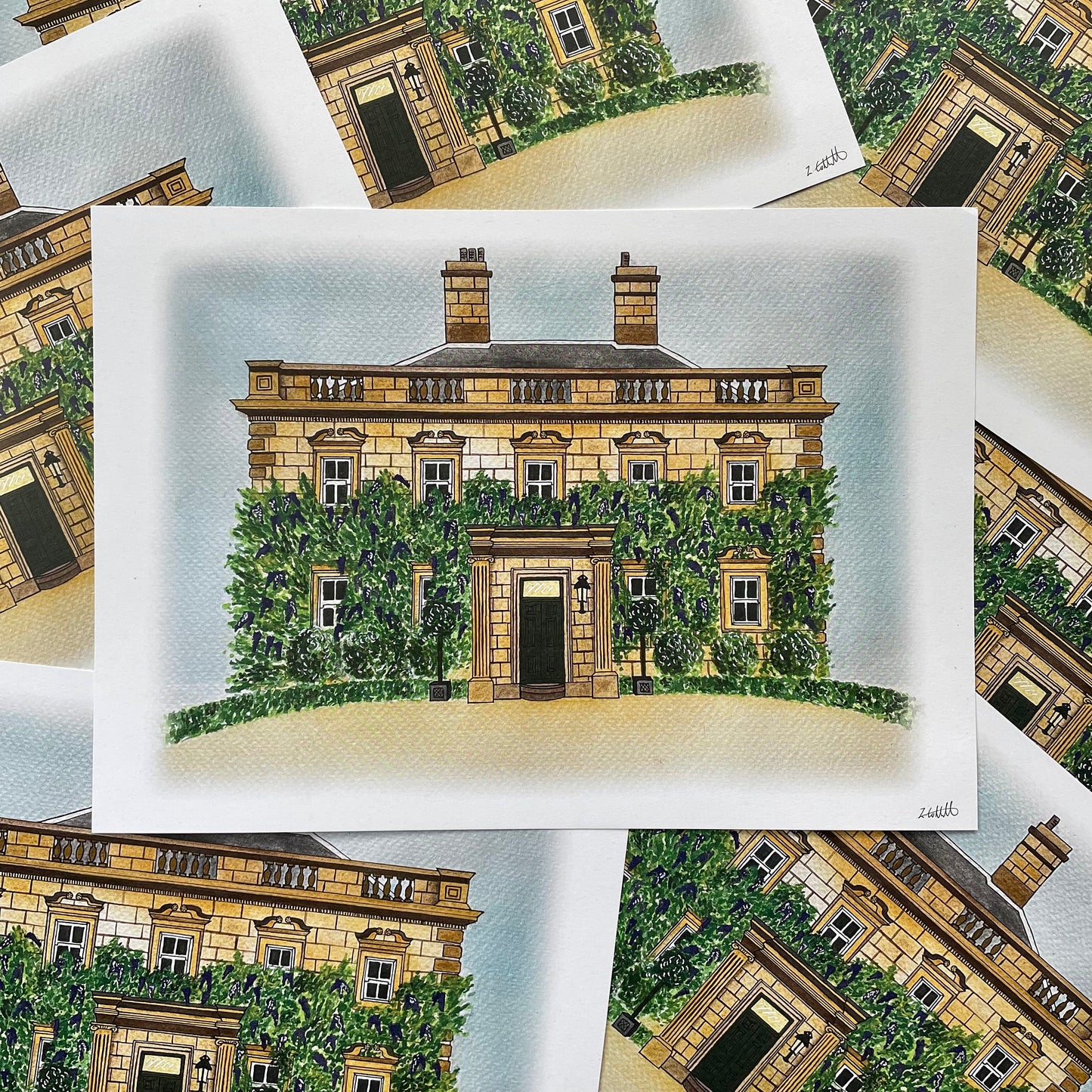 Illustration of a eshott hall wedding venue with greenery, surrounded by other similar images.
