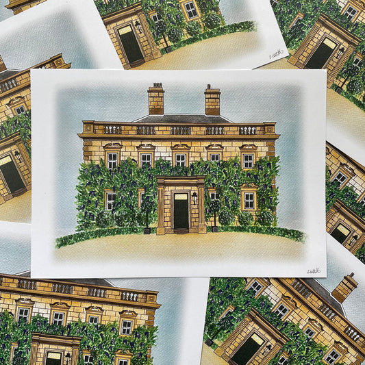 Illustration of a eshott hall wedding venue with greenery, surrounded by other similar images.