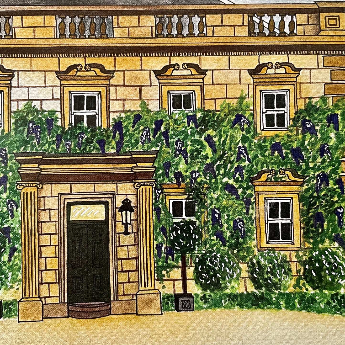 Decorative illustration of a classical building facade with greenery