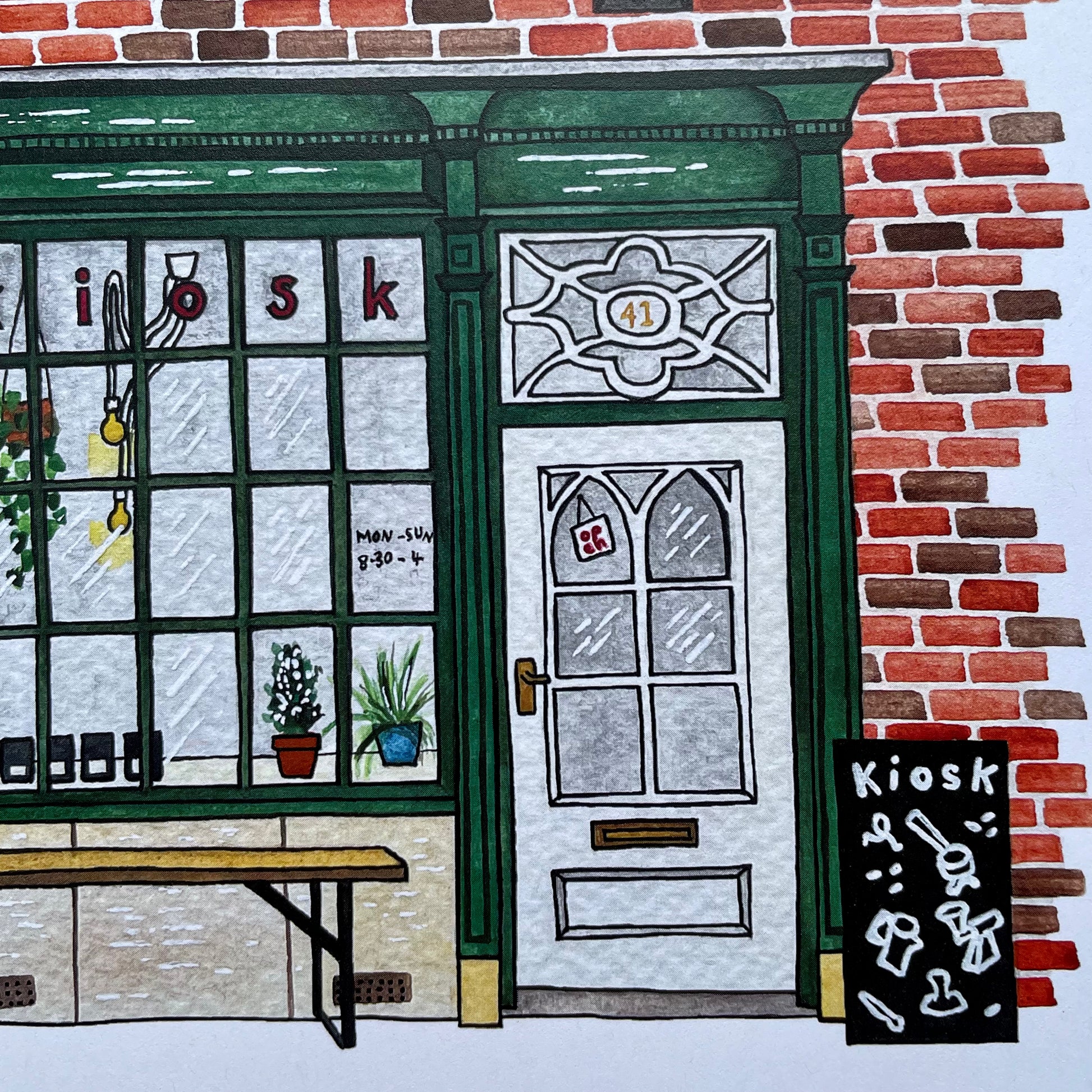Illustration of  kiosk cafe york with a brick wall background