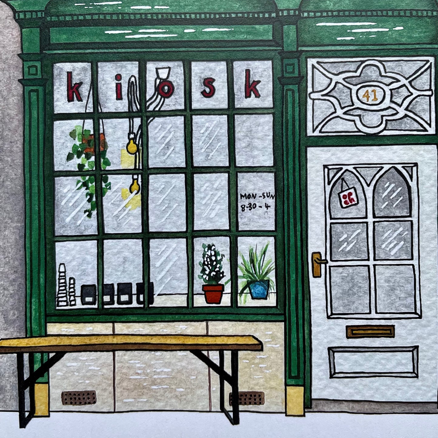 Illustration of a kiosk with glass windows and a door, featuring plants and signs.