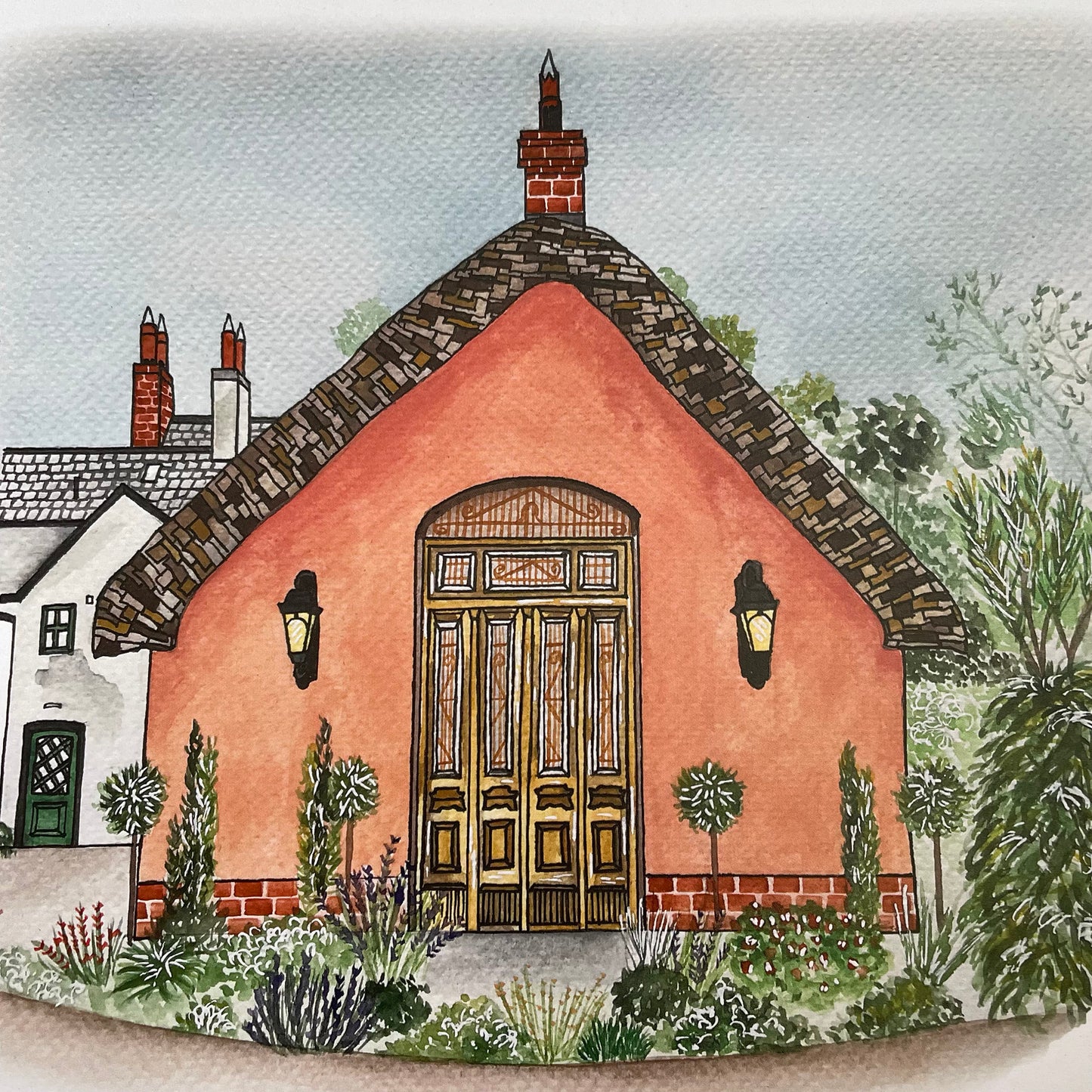 Illustration of a le Petit Château wedding venue with a thatched roof and garden