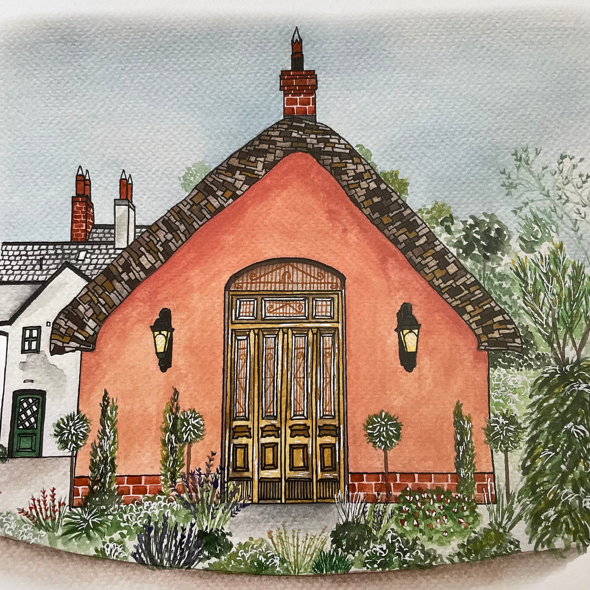 Illustration of a le Petit Château wedding venue with a thatched roof and garden