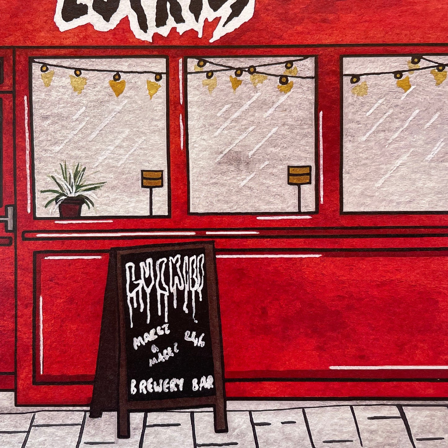 A stylized illustration of a red building facade with large windows, hanging string lights, a small potted plant, and a black sidewalk chalk sign reading 'Luckies Brewery Bar.' The word 'Luckies' also appears prominently at the top in a white outlined graffiti-style font.