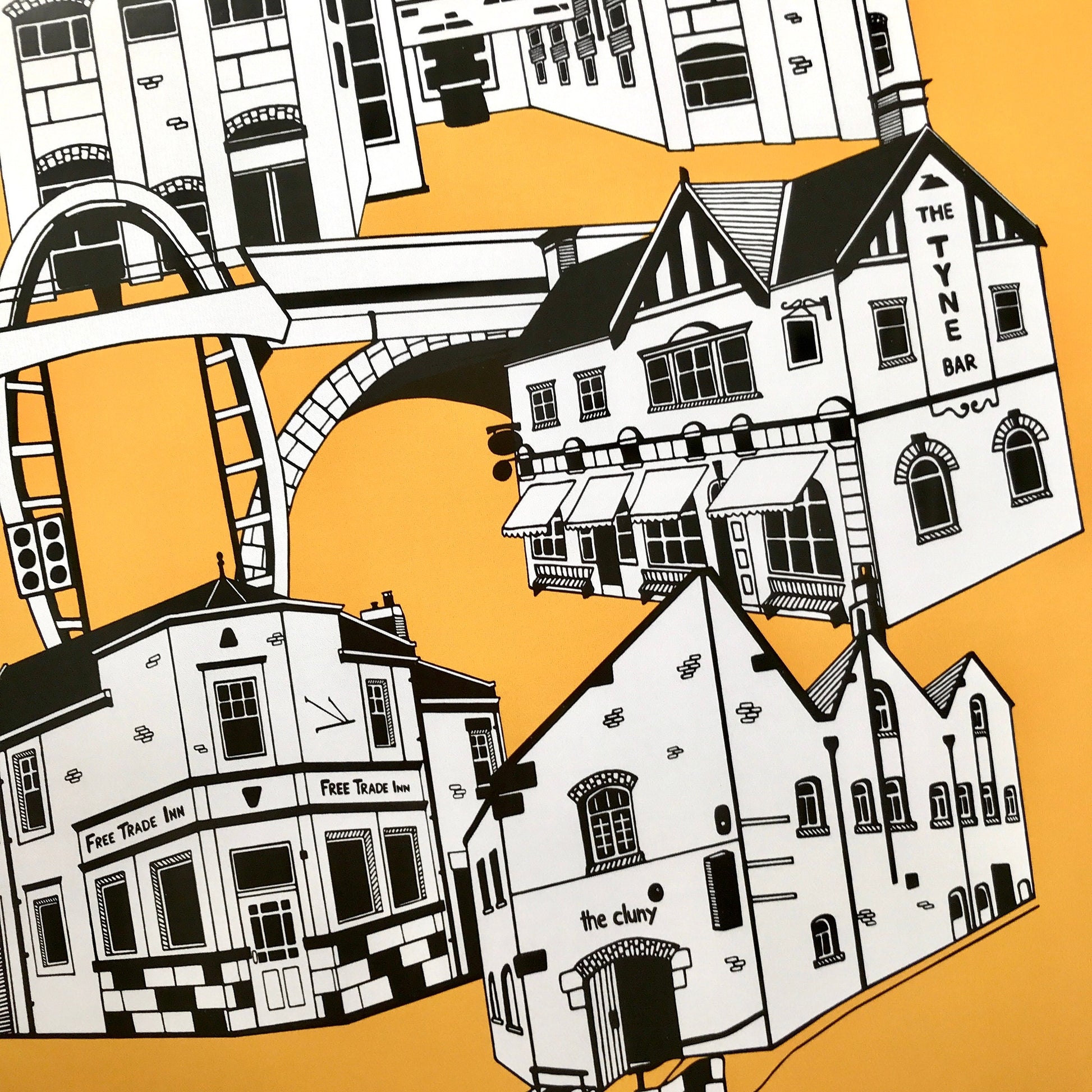 Illustration of black and white buildings/ouseburn pubs on an mustard background
