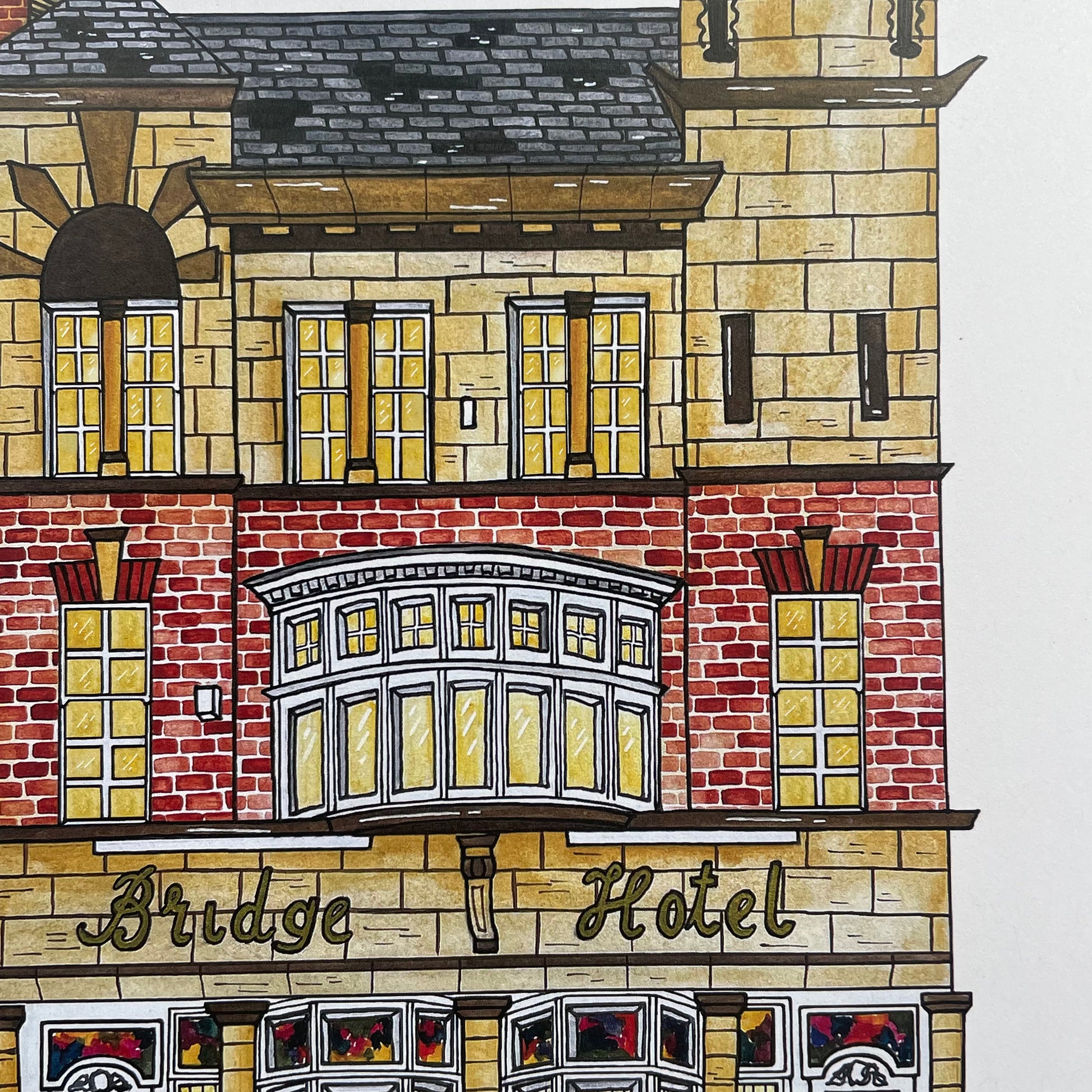 Illustration of a building facade with windows and 'Bridge Hotel' text