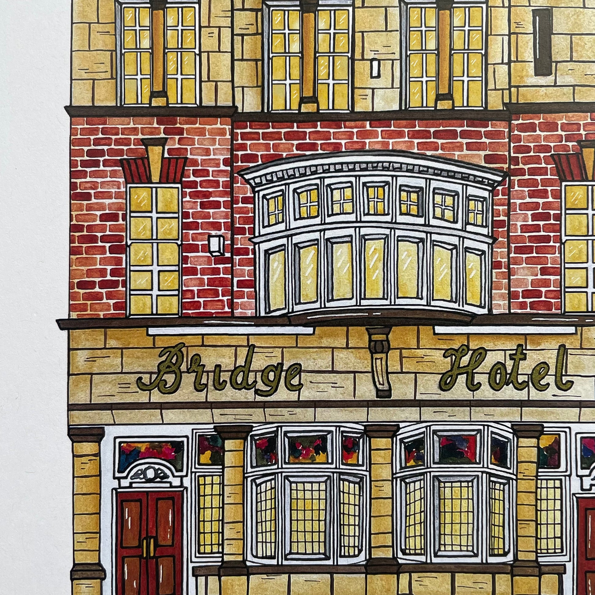 Illustration of a building facade with 'Bridge Hotel' sign