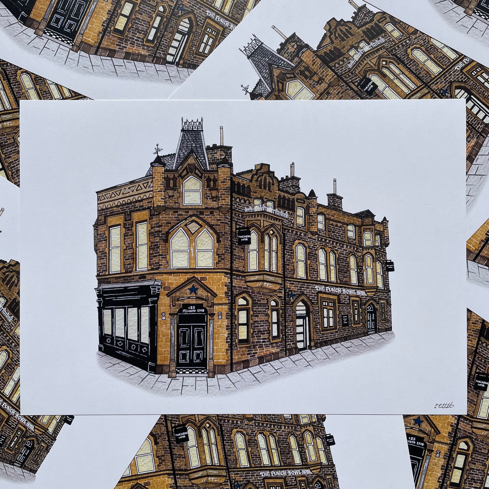 Illustration of the punch bowl hotel building on a white background with other similar illustrations around it.