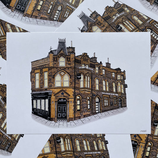 Illustration of the punch bowl hotel building on a white background with other similar illustrations around it.